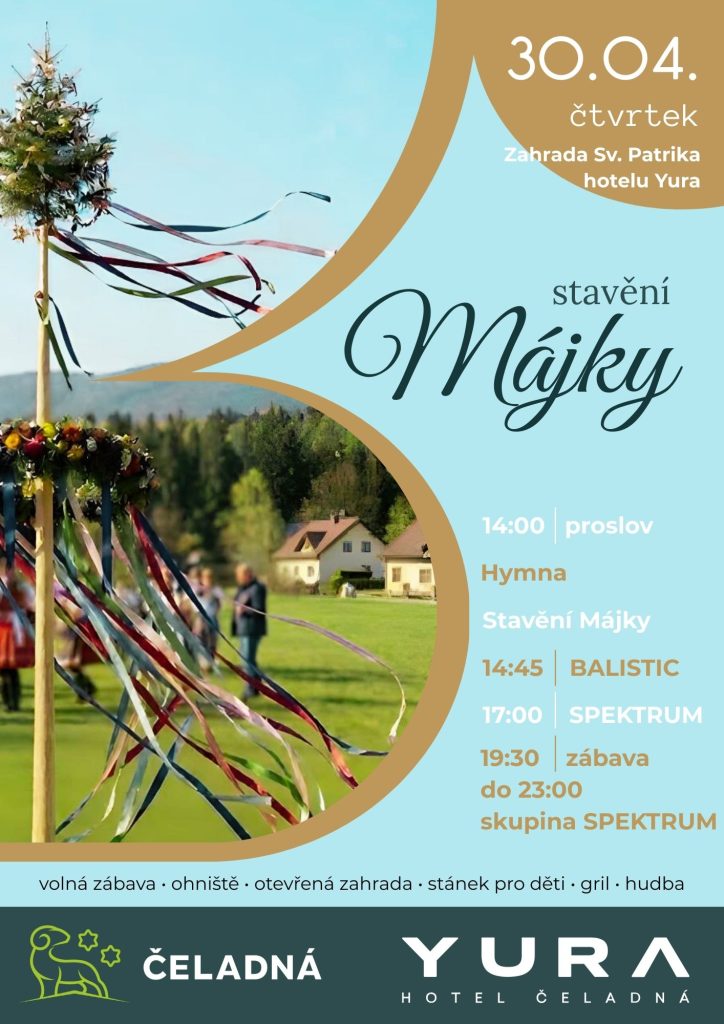 Jarní slavnost Stavění májky v Čeladné – barevně zdobená májka, hudba, zábava a příjemná atmosféra na zahradě hotelu Yura.